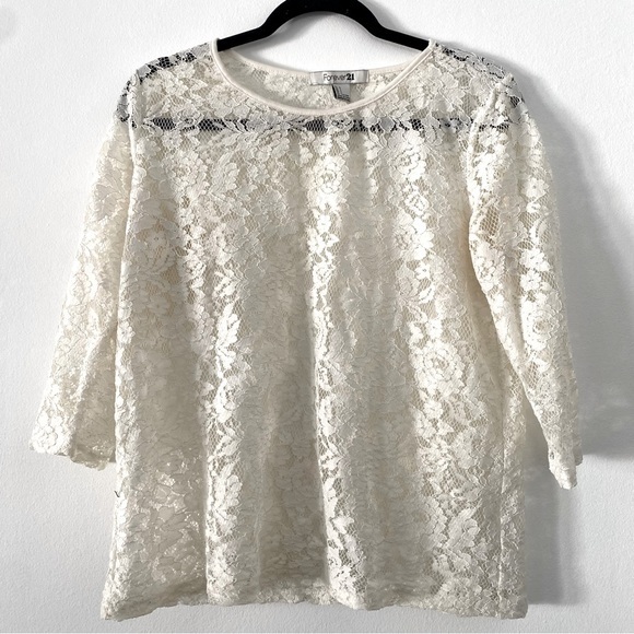 Forever 21 Tops - Forever21 cream mid sleeve lace top women’s size L